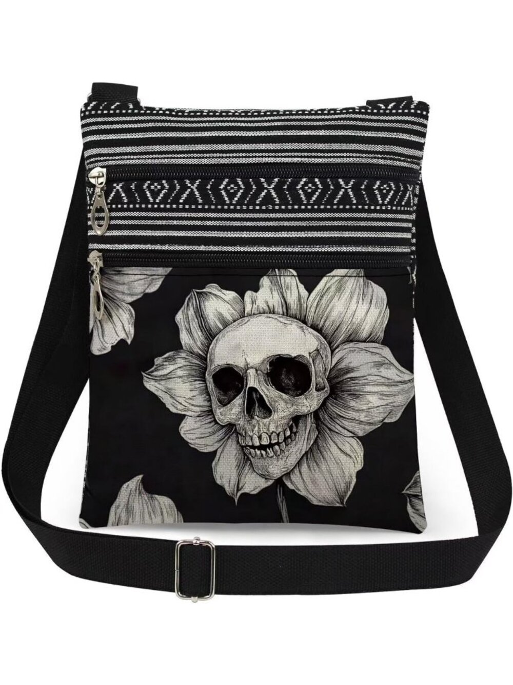Women's Black Skull Halloween Skull Pouch Adjustable Strap Crossbody Zipper Bag